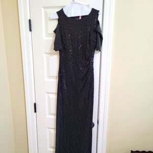 R&M Richards black sequined evening gown.